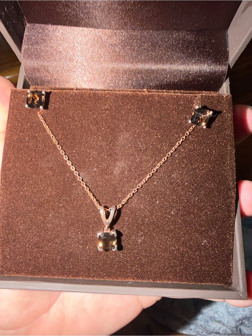 Rose Gold Necklace and Stud Earring Set with chocolate quartz